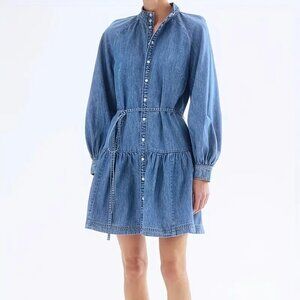 Lantern Sleeve Waist Tie Denim Dress